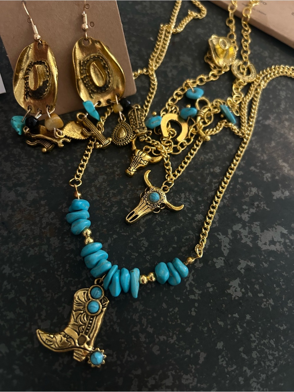 3 piece Gold-tone Necklace Set with Turquoise Beads